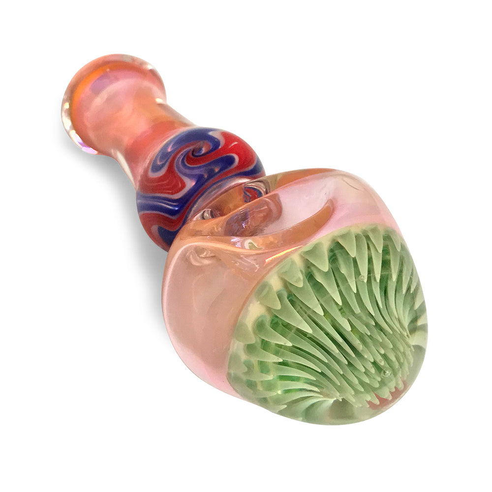 Light Pink Glass Spoon with Neon Green Flower - Green Goddess Supply