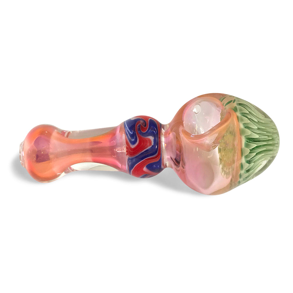 Light Pink Glass Spoon with Neon Green Flower - Green Goddess Supply