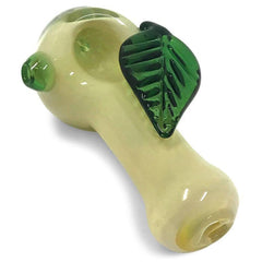 Cream Glass Handpipe with Green Leaf - Green Goddess Supply