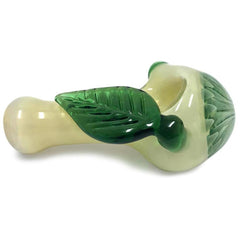 Cream Glass Handpipe with Green Leaf - Green Goddess Supply